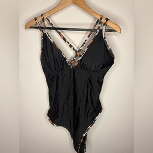 Black One-Piece Swimsuit with Leopard/Cheetah Straps and leg detail XL